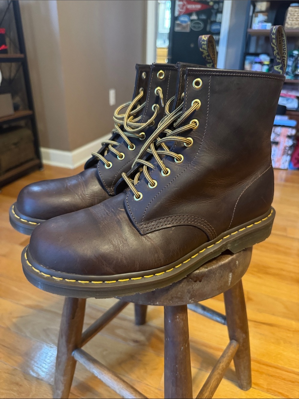 Dr. Martens Leather Lace-Up Boots Brown with Yellow Stitching - Crazy Horse 1460